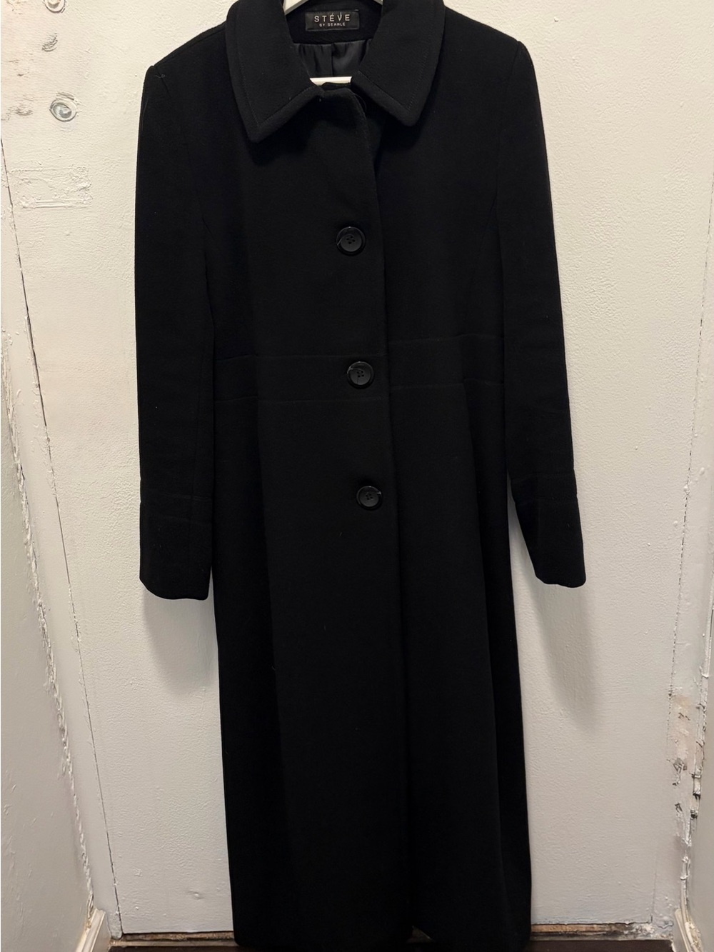 Steve by Searle Black Long Wool Coat with Classic Collar